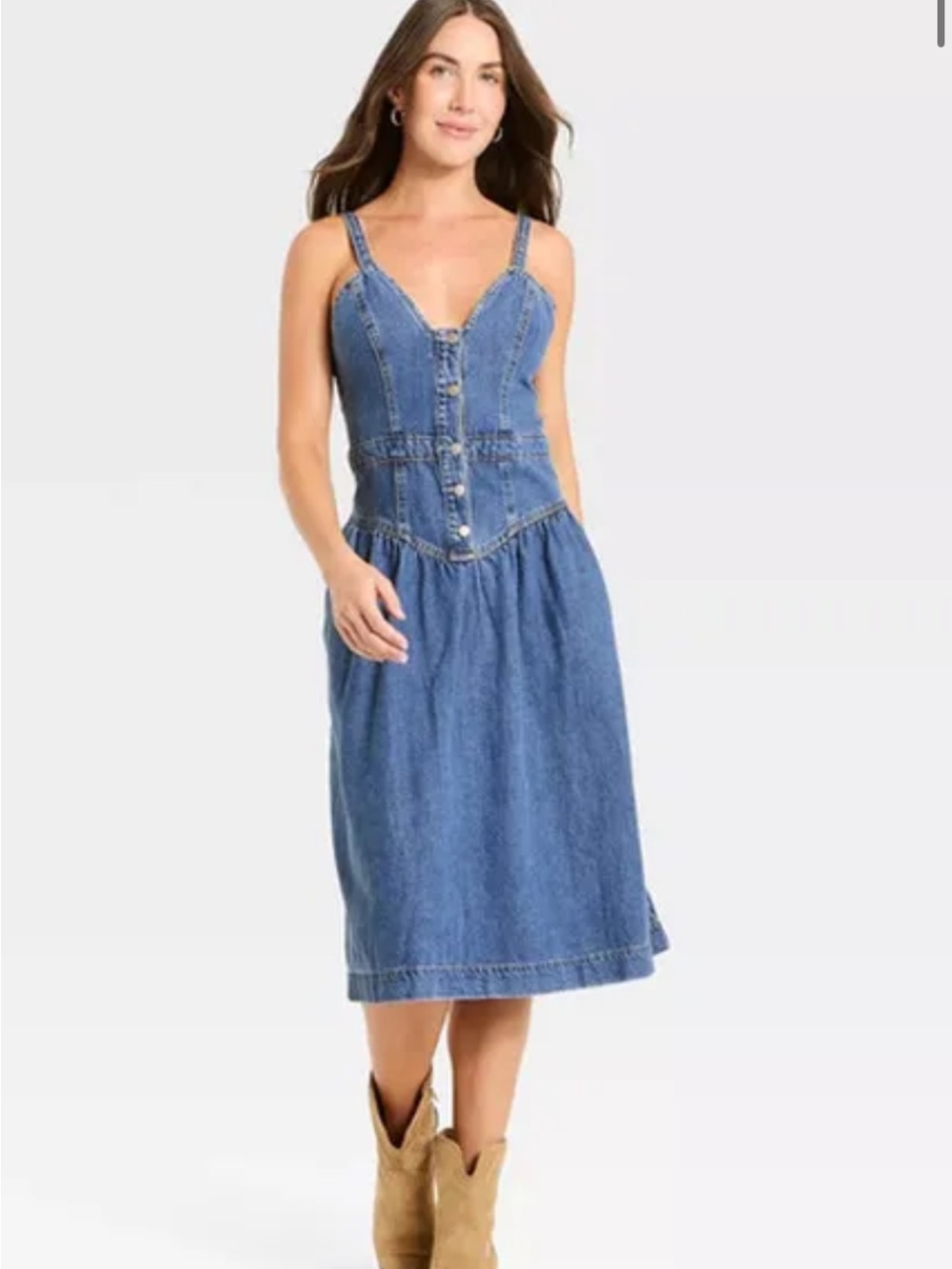 Universal Thread Blue Denim Midi Dress Corset Western New XS Medium Wash Jean 2